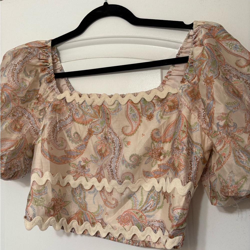 Skies Are Blue Paisley Puff Sleeve Blouse - Cream and Green
